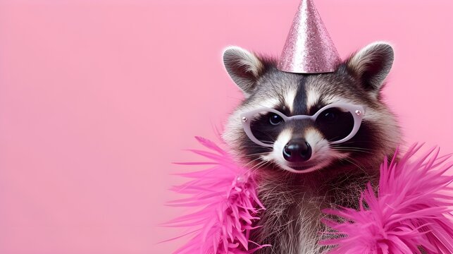 Creative animal concept. Raccoon racoon in glam fashionable couture high end outfits isolated on bright background advertisement, copy space. birthday party invite invitation banner