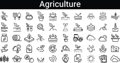Agriculture and Farming icons line set. Nature, biology, water, plant , wheat and leaf - obrazy, fototapety, plakaty