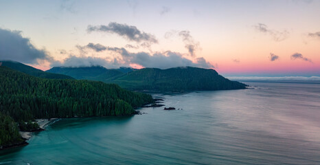 Sandy shore on Pacific Ocean West Coast. Sunrise. Vancouver Island, BC, Canada.