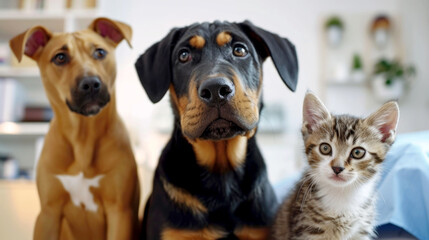 A veterinarian examines cute dogs and a kitten. A veterinarian examines a dog and a cat. Veterinary clinic. Pet inspection and vaccination. Healthcare.