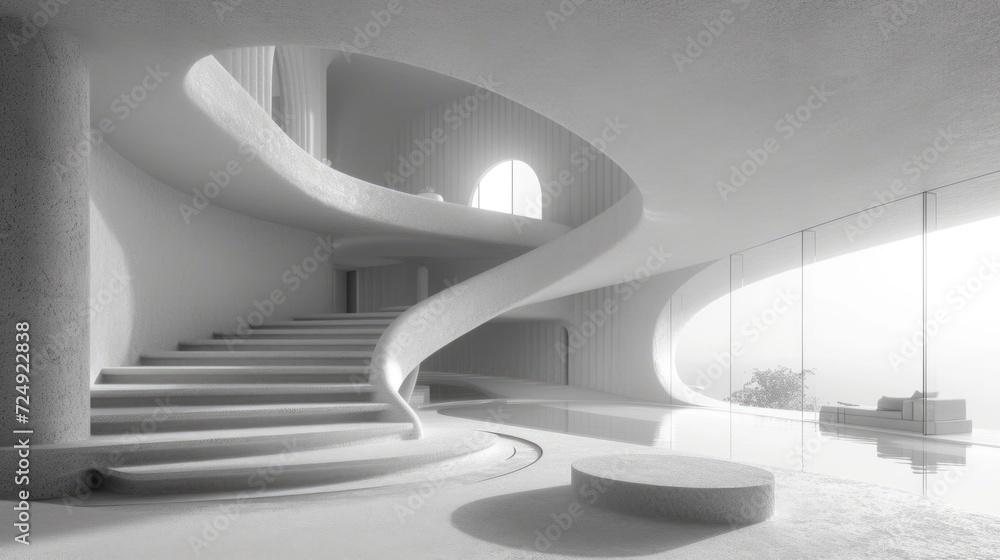 Wall mural ascending the monochrome spiral, the stark white walls and intricate architecture create a captivati