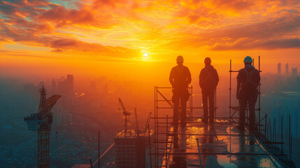 Obraz premium Silhouettes of Construction Crew at Dawn Overlooking a City Skyline Under Construction