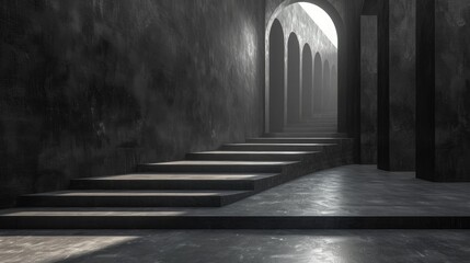 An eerie fog envelops the symmetrical outdoor staircase, casting shadows in monochrome light as it leads to a mysterious tunnel within the building - obrazy, fototapety, plakaty