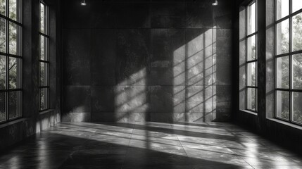 Symmetry and shadows dance in the monochromatic room, as the daylighting pours through the windows, casting a serene yet haunting atmosphere
