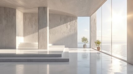 A minimalist sanctuary adorned with lush greenery, featuring a grand marble staircase leading up to a majestic window, surrounded by sleek concrete walls and a ceiling adorned with stunning abstract 