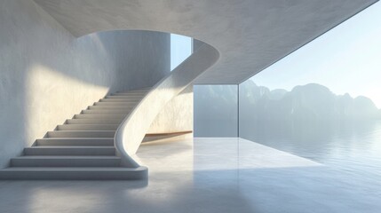 A mysterious fog envelops the outdoor staircase, as the sky and water peek through the large window, showcasing the intricate architecture of the room
