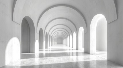 The grandeur of a monochromatic arcade is illuminated by streams of light, revealing symmetrical arches and stately columns in this majestic indoor space