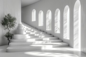 A grand entrance beckons with a cascade of white stairs, framed by arched windows and adorned with symmetrical houseplants, creating a tranquil indoor oasis