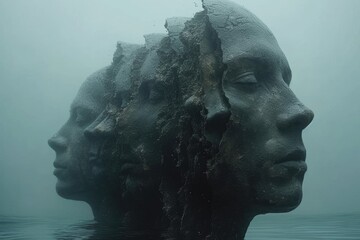 Through the thick fog and serene water, the outdoor statue of a man's face emerges, a powerful and haunting underwater sculpture that embodies the beauty and complexity of human emotion through art