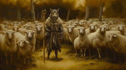 wolf in sheep's clothing shepherd's staff among a flock of sheep in a pasture