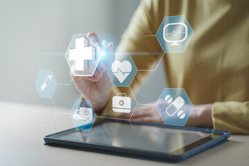 Health care concept. Business hand holding virtual medical health care icons with medical network...