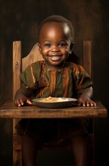 Fototapeta na wymiar A young child sits happily in a wooden chair, surrounded by a cozy indoor setting, their face beaming with a smile as they enjoy a bowl of food on the table in front of them