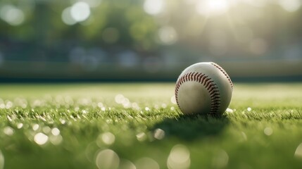 Close up baseball ball sport on grass with blur background. AI generated image - obrazy, fototapety, plakaty