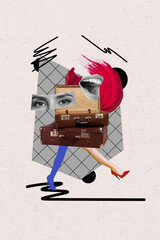 Painted collage picture of absurd person headless tourist woman with pile vintage suitcases for...