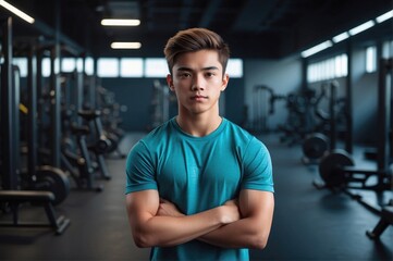 Fototapeta na wymiar Fitness Showcase Handsome Young boy Reveals Sculpted Physique at the Gym Young men Posing at gym