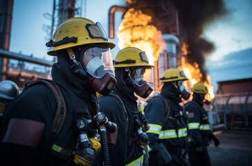 A team of brave rescuers, dressed in high-visibility clothing and protective gear, stand ready to tackle any emergency in their blue-collar workwear as firefighters