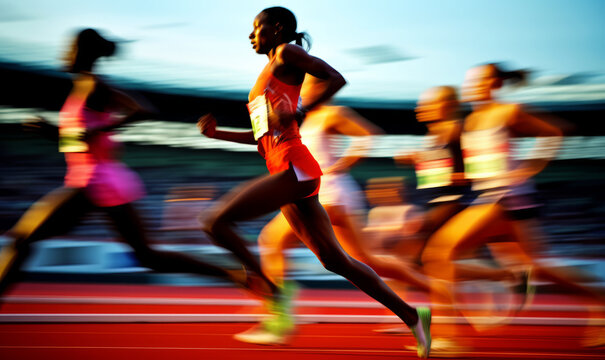 Professional runners taking part in a race in a stadium. Fast motion blur