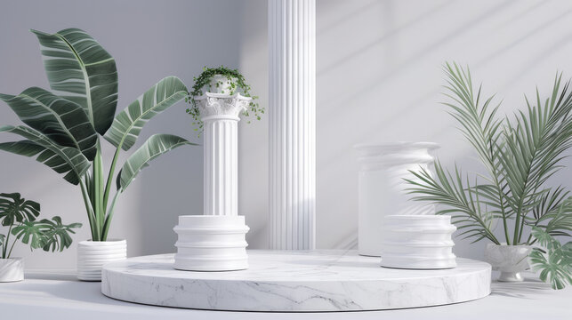 Background podium column 3d roman luxury greek white ancient display product classic. Podium platform background column pillar stage minimal stand beauty design greece render scene plant cosmetic rome