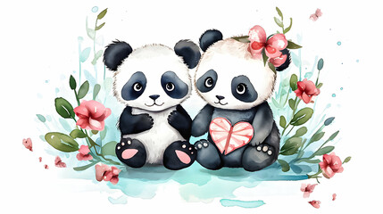 Two cute pandas with flowers.