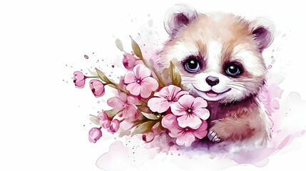 Fluffy panda with pink flowers.