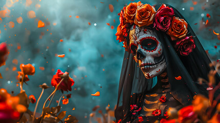 Woman with Dia de los Muertos makeup and rose headband, amidst petals.