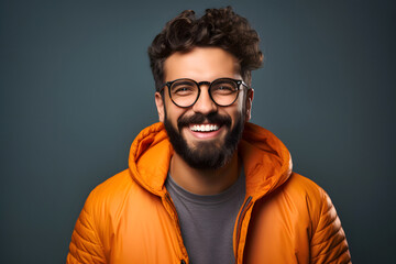 Fototapeta premium Portrait of a successful smiling bearded man in glasses on an dark background