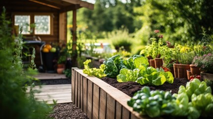 Fototapeta na wymiar Vegetable garden close to kitchen outdoor, Slow living style