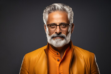 Portrait of a successful smiling bearded man in glasses on an dark background