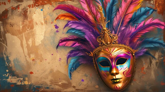 Mardi Gras masquerade Carnival feathered mask concept with empty space. AI generated image