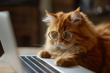 ginger cat in glasses working on laptop 