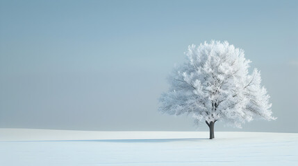 Fototapeta premium A solitary tree stands in solitude, branches adorned with snow, against the backdrop of a serene winter landscape.