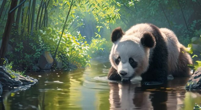 a panda drinking in a river footage