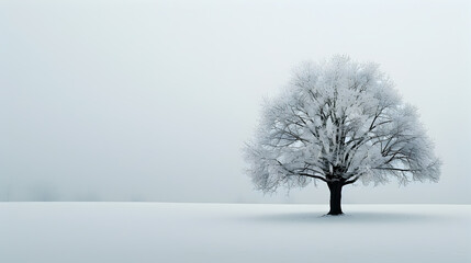  tree stands in solitude, branches adorned with snow, against the backdrop of a serene winter landscape.