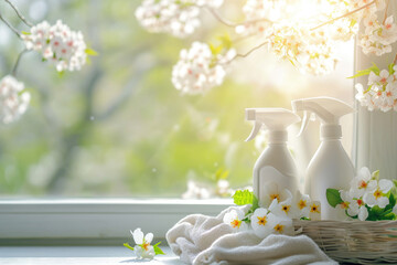 Spring cleaning background with white bottle mock up by the window in the kitchen
