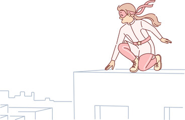 Little girl plays superhero sitting on roof and dreams of saving city residents from attackers. Child with superhero patch over eyes rejoices at opportunity to help people in trouble
