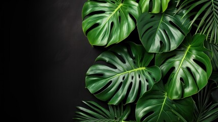 Philodendron Leaf monstera on black background with empty space. AI generated image