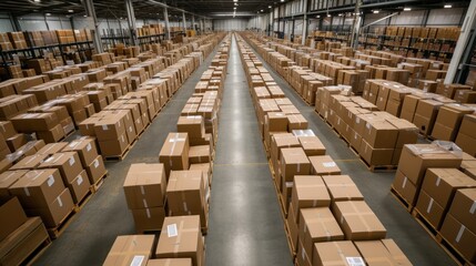 Cardboard boxes arranged in a distribution warehouse factory. AI generated image