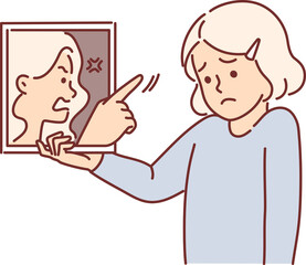 Sad little girl holding mirror with swearing reflection, for concept of low self-esteem and mental problems. Upset child needs psychological help due to low self-esteem negatively affecting mood