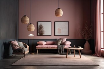 a room with pink lighting and grey walls