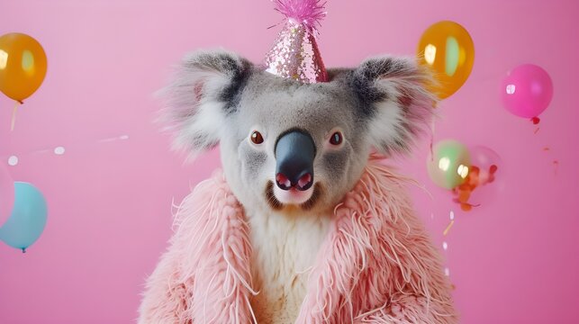 Creative animal concept. koala in glam fashionable couture high end outfits isolated on bright background advertisement, copy space. birthday party invite invitation banner