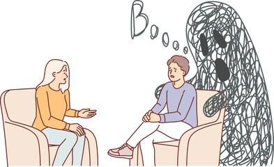 Man and psychotherapist sit in chair talking about fears and problems that interfere with patient personal development. Large ghost behind back of guy listening to advice from psychotherapist
