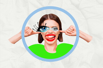 Collage placard artwork of weird angry irritated girl cover ears avoid loud sound isolated on creative background