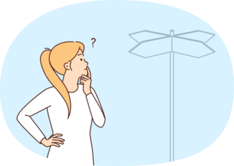 Woman is standing near road sign pointing in different sides and trying to choose direction. Concept choosing way to achieve goal or direction for development personal skills