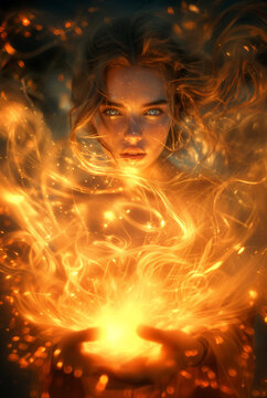 Young woman casting magical fire spell