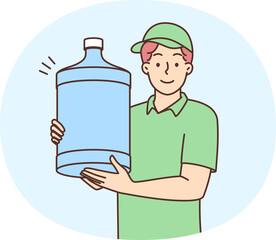 Man works as water delivery man holding large bottle for aqua cooler and looking at camera. Guy in cap and t-shirt working in service of delivering drinking water to offices