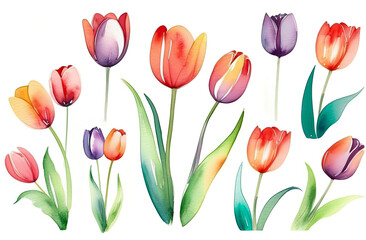 Watercolor tulips isolated on white background, Botanical herbal illustration for wedding or greeting card, Wallpaper, wrapping paper design, textile, scrapbooking