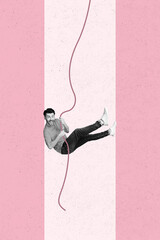 Exclusive magazine picture sketch collage image of smiling excited guy hanging rope rising up wall...