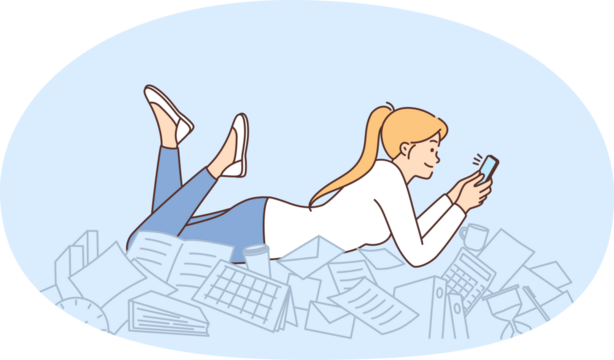 Procrastination woman with phone lies on documents and stationery oblivious to mess. Girl office worker spends working time on procrastination without performing official duties
