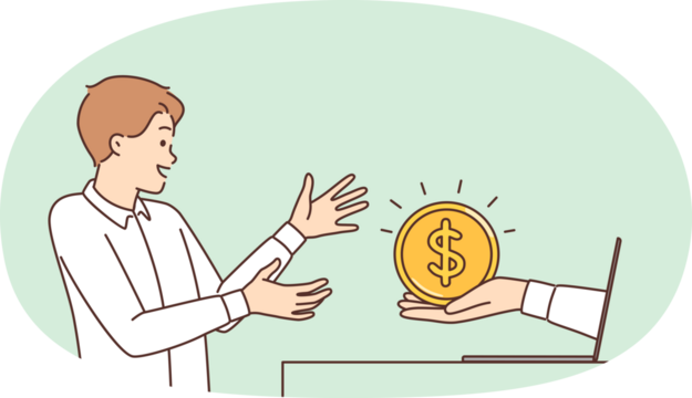 Happy man near laptop with hand holding out coin symbolizing internet income. Guy rejoices earning income by freelancer working remotely via computer or winning internet lottery