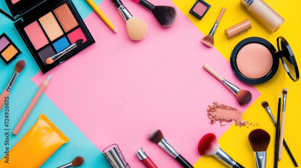 Wall mural Make up tools concept with empty space background AI generated image